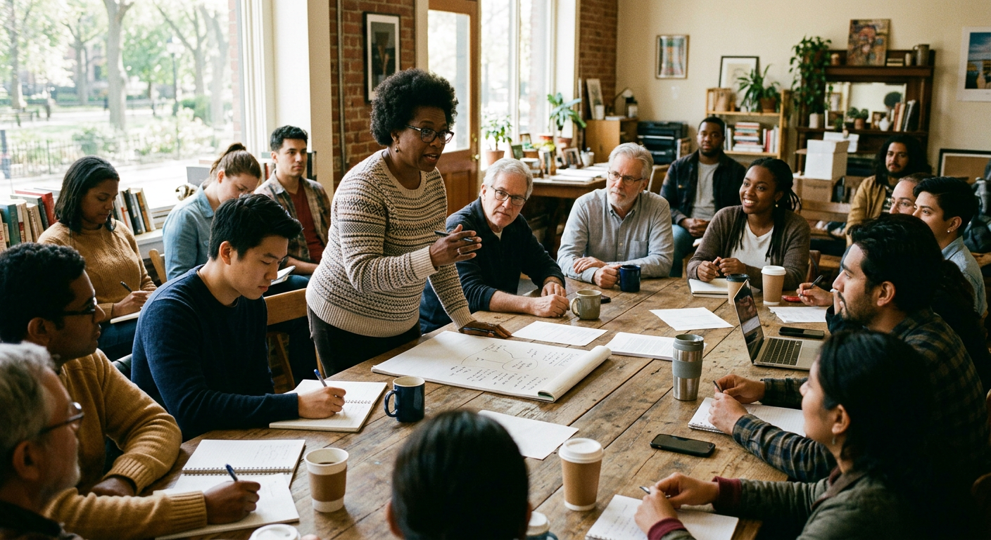 Association members planning together around a table