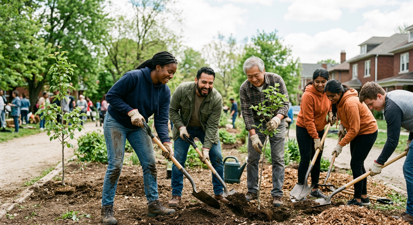 Volunteers planting trees together in a neighborhood park