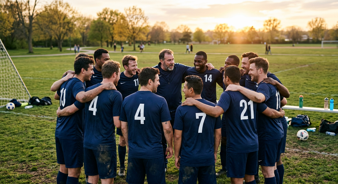 Amateur soccer team huddling with their coach